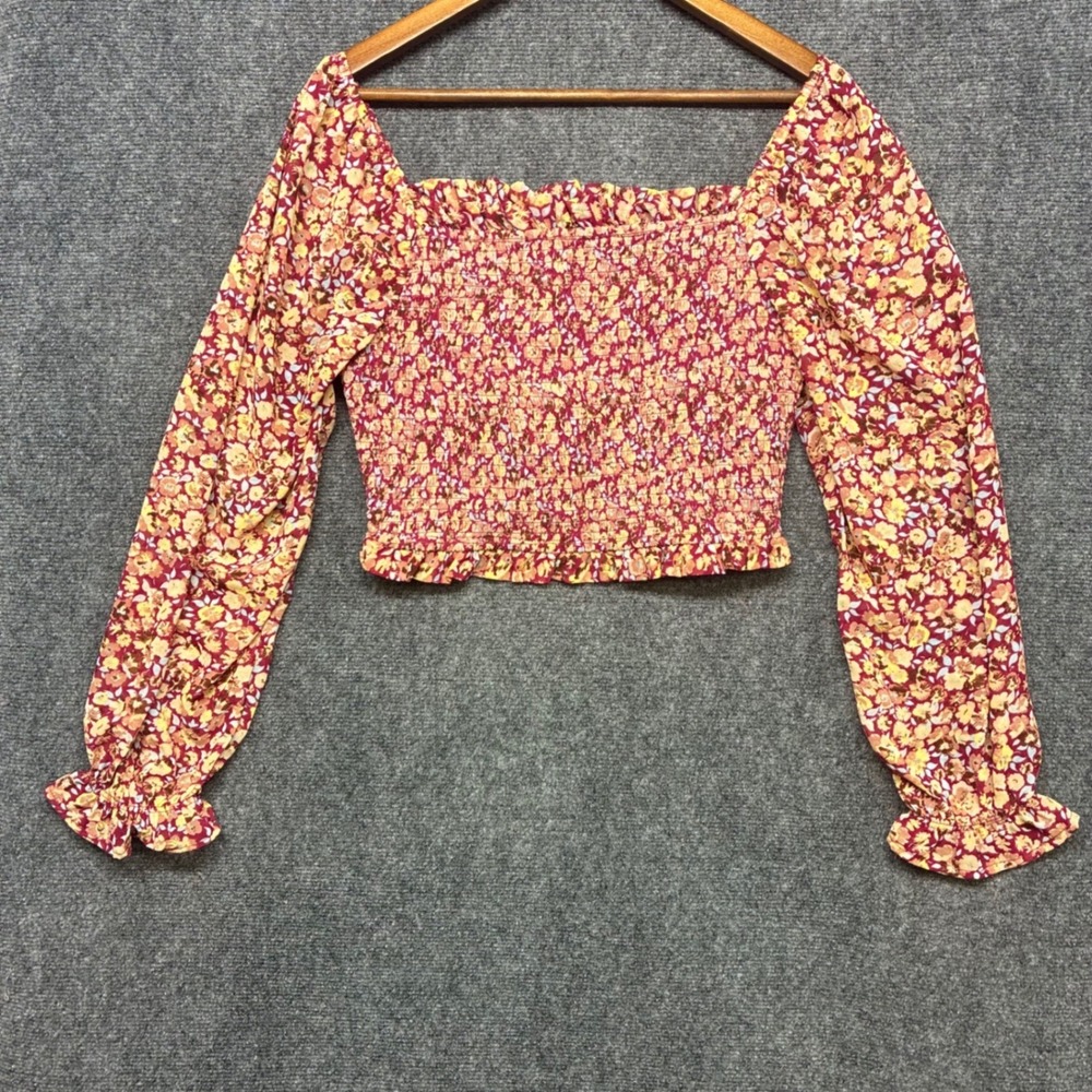 Japna Floral Smocked Crop Top Large Long Sleeve Square Neck Boho Peasant Euro